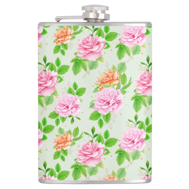 Floral Pink Roses Pattern-23670 Hip Flask (Front)