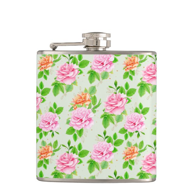 Floral Pink Roses Pattern-2367 Hip Flask (Front)