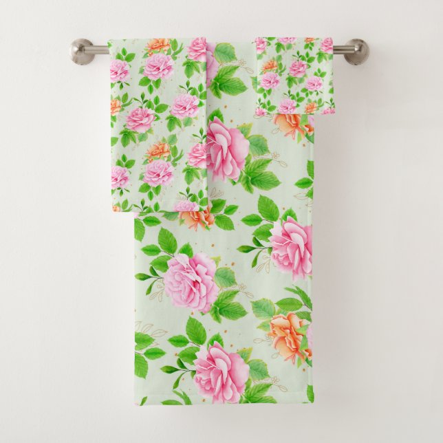 Floral Pink Roses Pattern Bath Towel Set (Insitu)