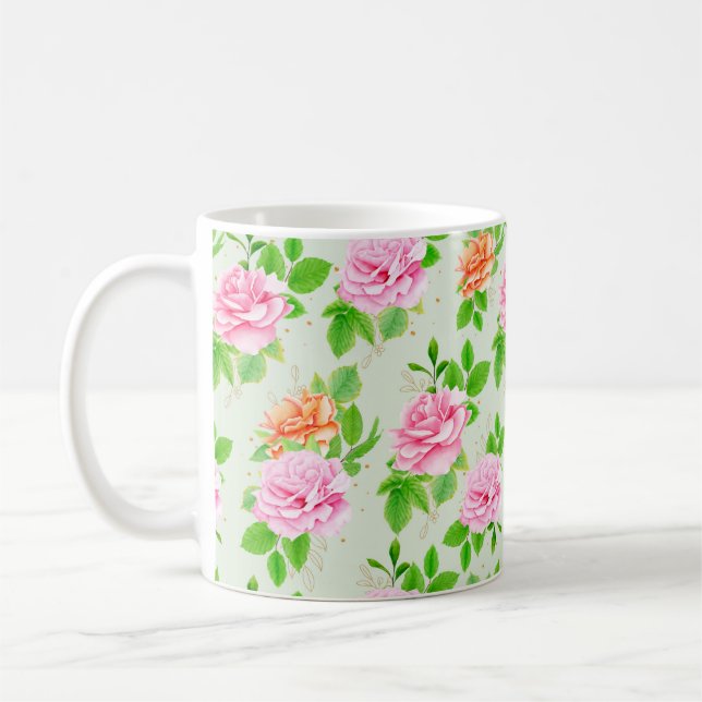 Floral Pink Roses Pattern Coffee Mug (Left)