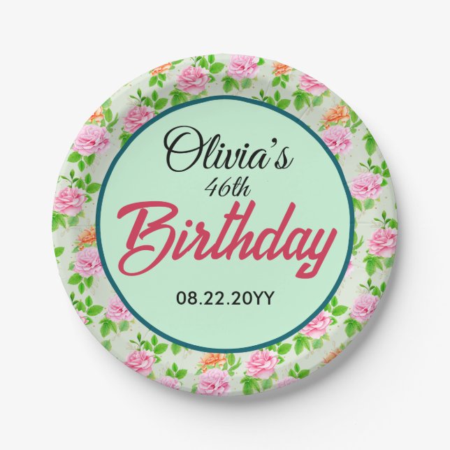 Floral Pink Roses Pattern Paper Plate (Front)