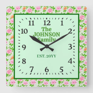 Floral Pink Roses Pattern Square Wall Clock