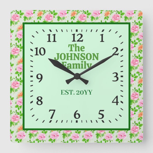 Floral Pink Roses Pattern Square Wall Clock (Front)