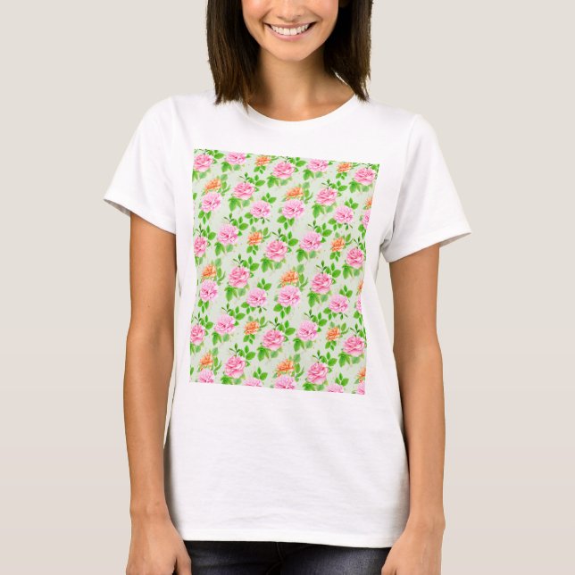 Floral Pink Roses Pattern T-Shirt (Front)