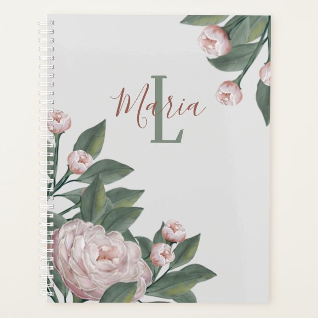 Floral Pink Roses Personalised Monogram Flowers Planner (Front)