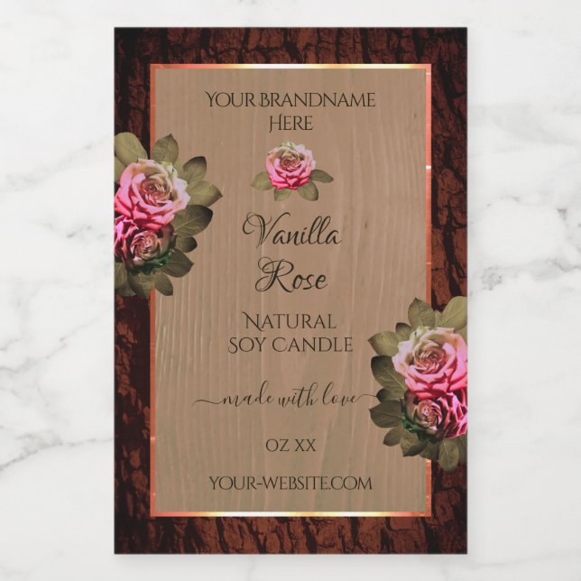 Floral Pink Roses Product Labels Brown Wood Grain (Single Label)