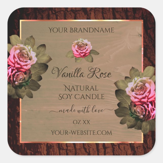 Floral Pink Roses Product Labels Brown Wood Grain (Front)