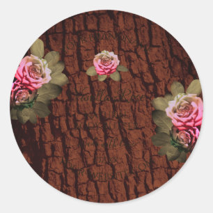 Floral Pink Roses Product Labels Brown Wood Grain