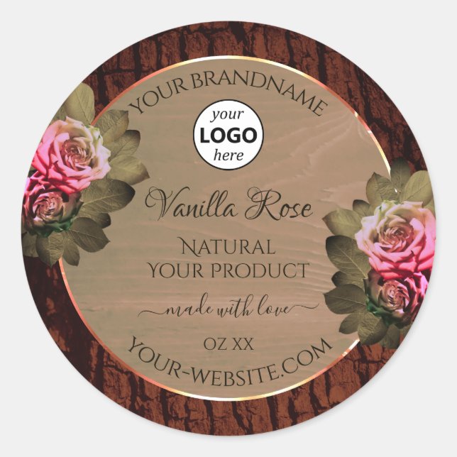 Floral Pink Roses Product Labels Wood Grain Logo (Front)