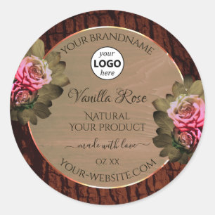 Floral Pink Roses Product Labels Wood Grain Logo