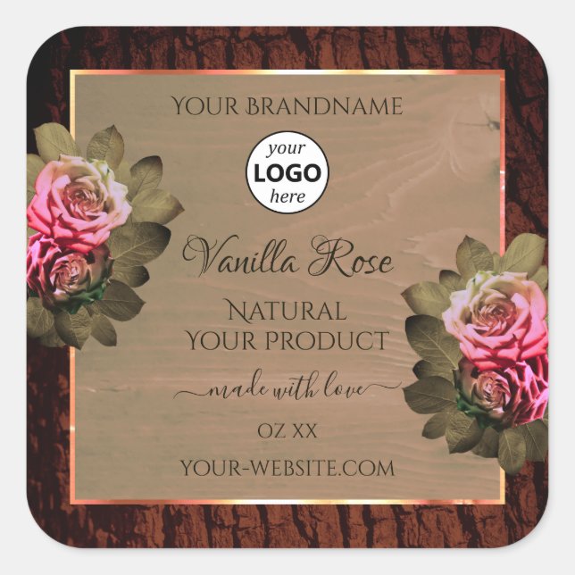 Floral Pink Roses Product Labels Wood Grain Logo (Front)