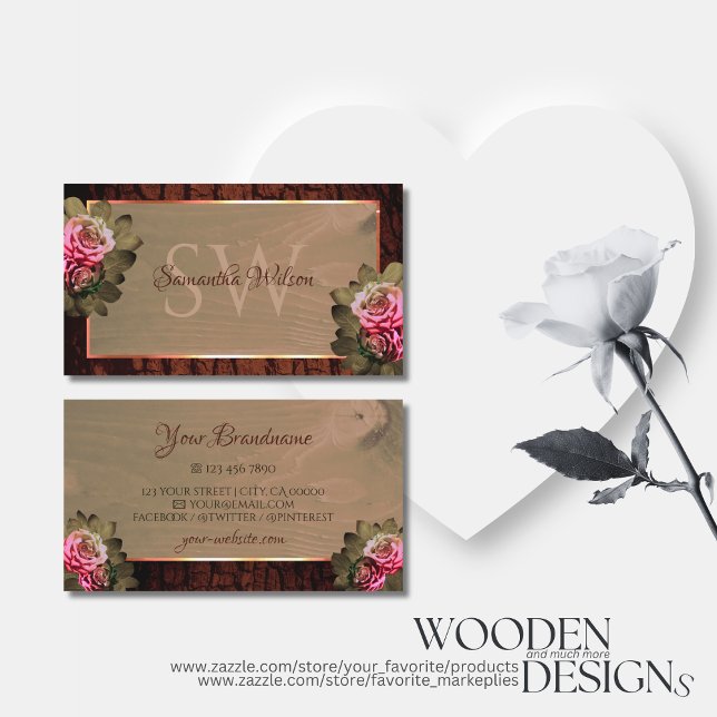 Floral Pink Roses Rustic Wood Tree Bark Initials Business Card (Creator Uploaded)
