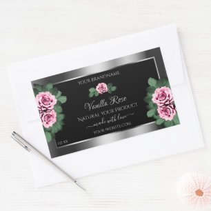 Floral Pink Roses Silver and Black Product Labels