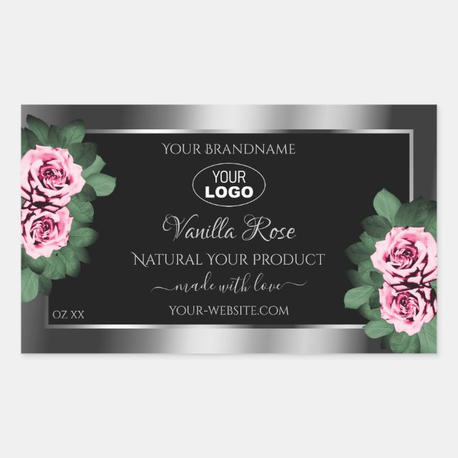 Floral Pink Roses Silver Black Product Labels Logo (Front)