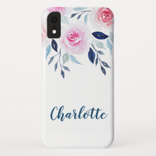 Floral Pink Roses Watercolor Personalised Name iPhone XR Case
