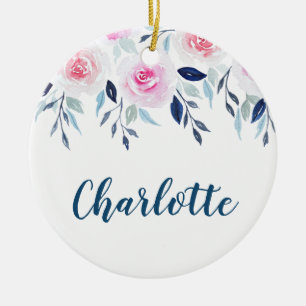 Floral Pink Roses Watercolor Personalised Name Ceramic Tree Decoration