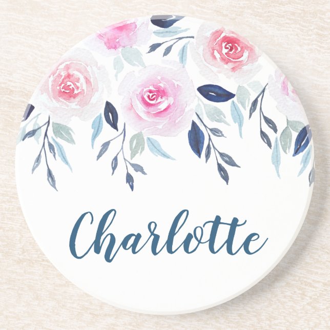 Floral Pink Roses Watercolor Personalised Name Coaster (Front)