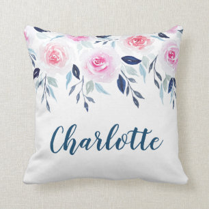 Floral Pink Roses Watercolor Personalised Name Cushion