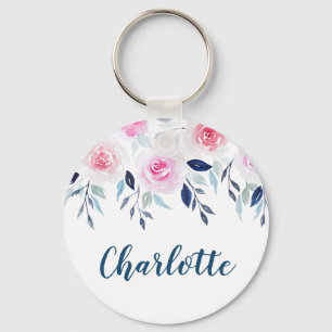 Floral Pink Roses Watercolor Personalised Name Key Ring
