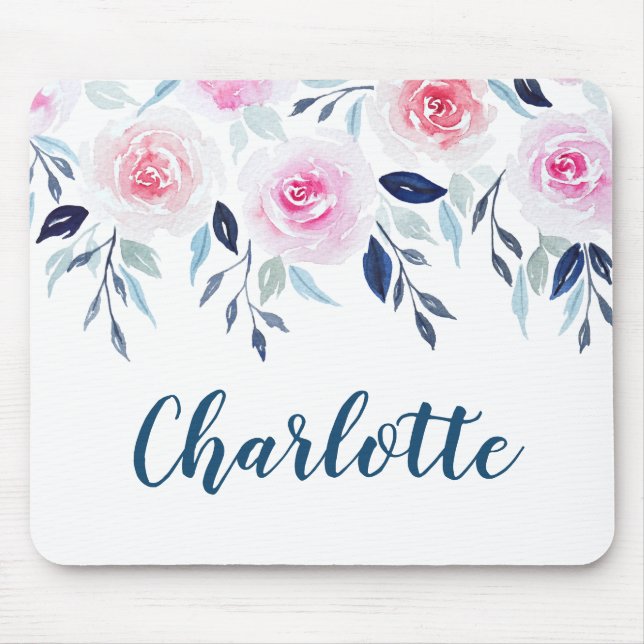 Floral Pink Roses Watercolor Personalised Name Mouse Mat (Front)