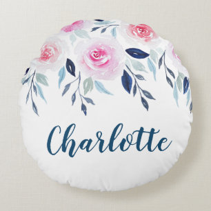 Floral Pink Roses Watercolor Personalised Name Round Cushion