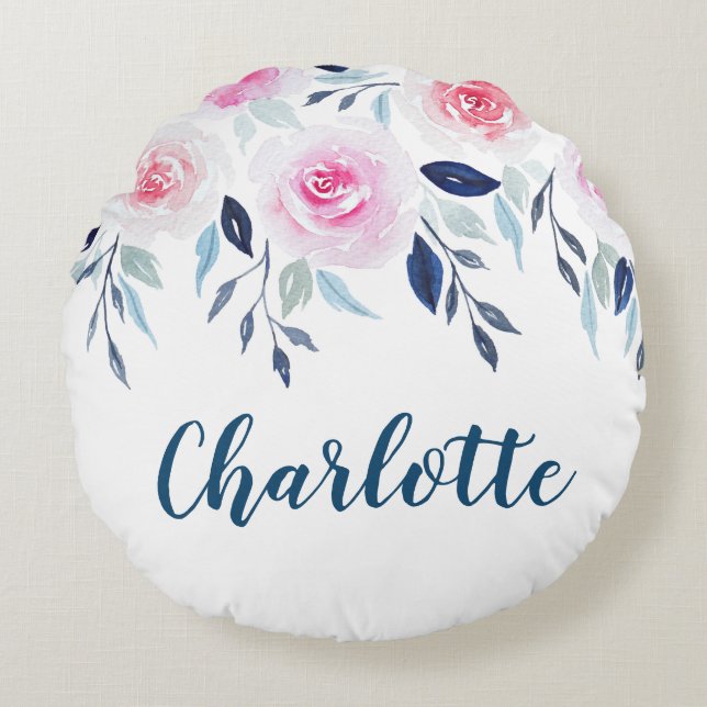 Floral Pink Roses Watercolor Personalised Name Round Cushion (Front)