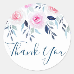 Floral Pink Roses Watercolor Thank You Classic Round Sticker