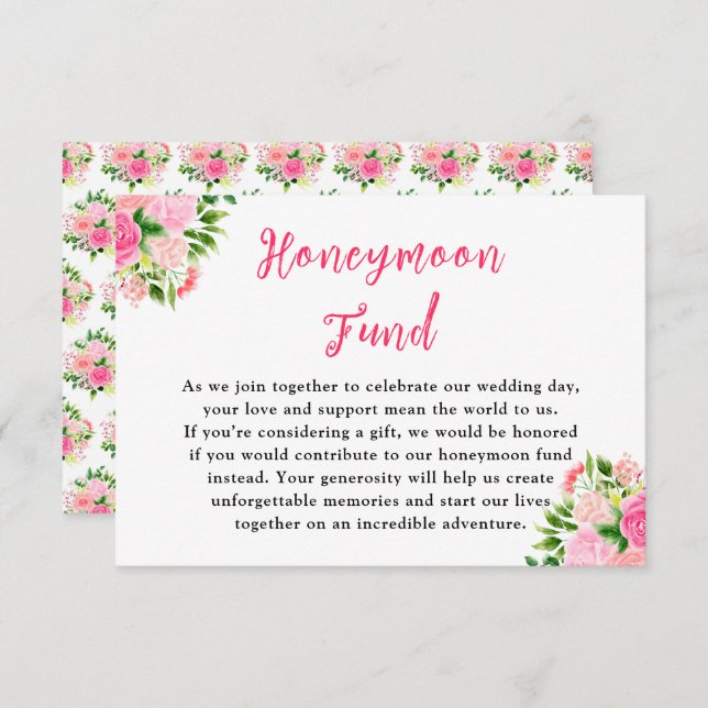 Floral Pink Roses Wedding Honeymoon Fund Enclosure Card (Front/Back)