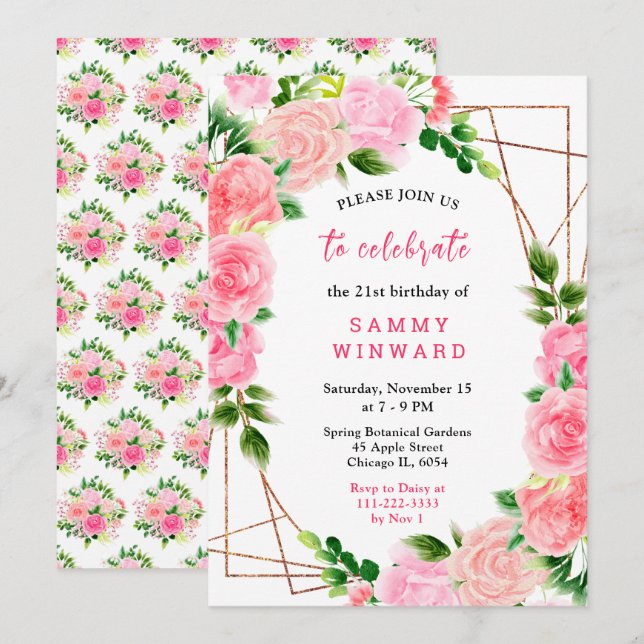 Floral Pink Roses with Foliage Birthday Invitation (Front/Back)