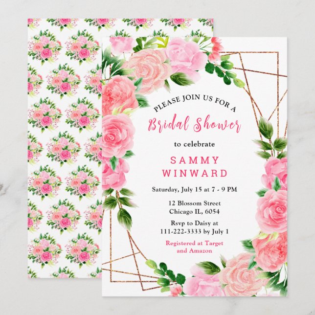 Floral Pink Roses with Foliage Bridal Shower Invitation (Front/Back)