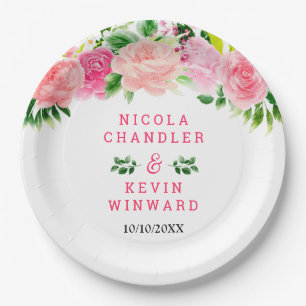 Floral Pink Roses with Foliage Wedding Paper Plate
