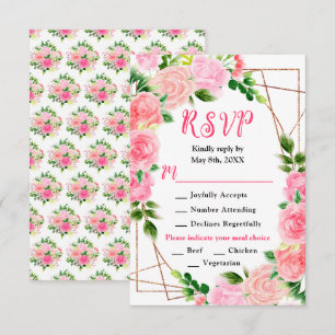 Floral Pink Roses with Foliage Wedding RSVP Card