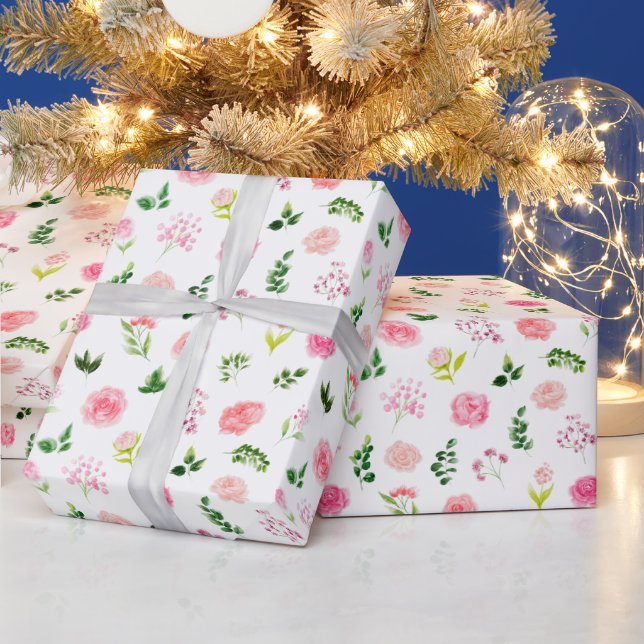 Floral Pink Roses with Foliage Wrapping Paper (Holidays)