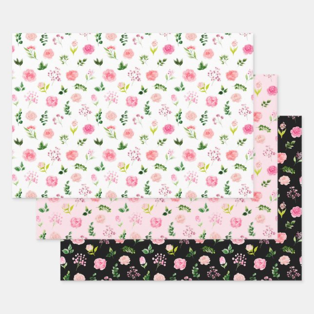 Floral Pink Roses with Foliage Wrapping Paper Sheet (Set)