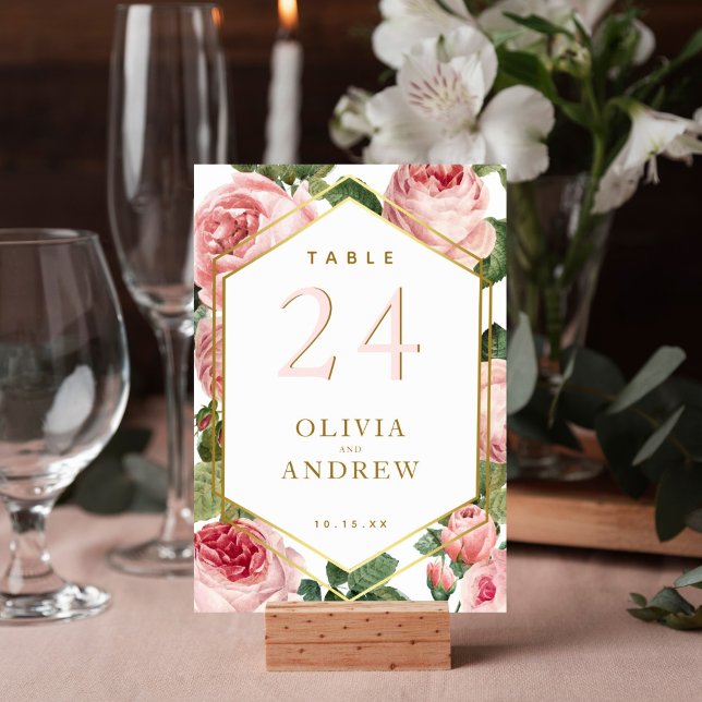 Floral Pink Roses with Gold Diamond Frame Wedding Table Number (Elegant watercolor pink rose design on this table number card is perfect for your wedding reception.)