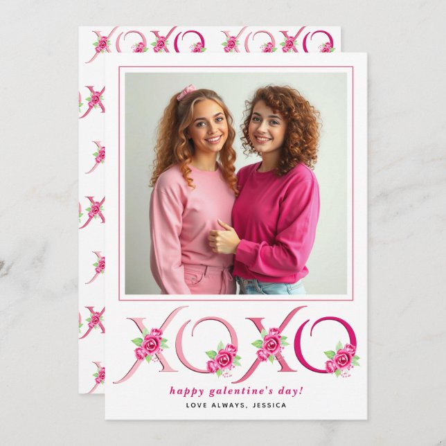 Floral pink roses XOXO Galentines Day photo Holiday Card (Front/Back)