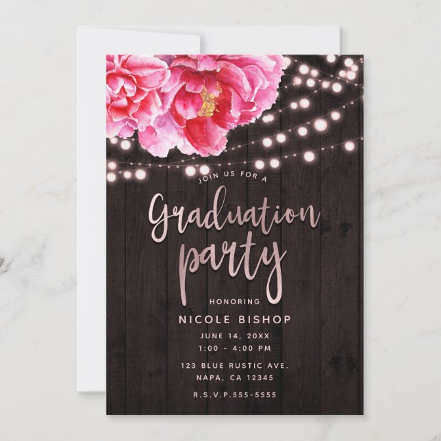 Floral Pink Rustic Wood Lights Graduation Party Invitation (Front)
