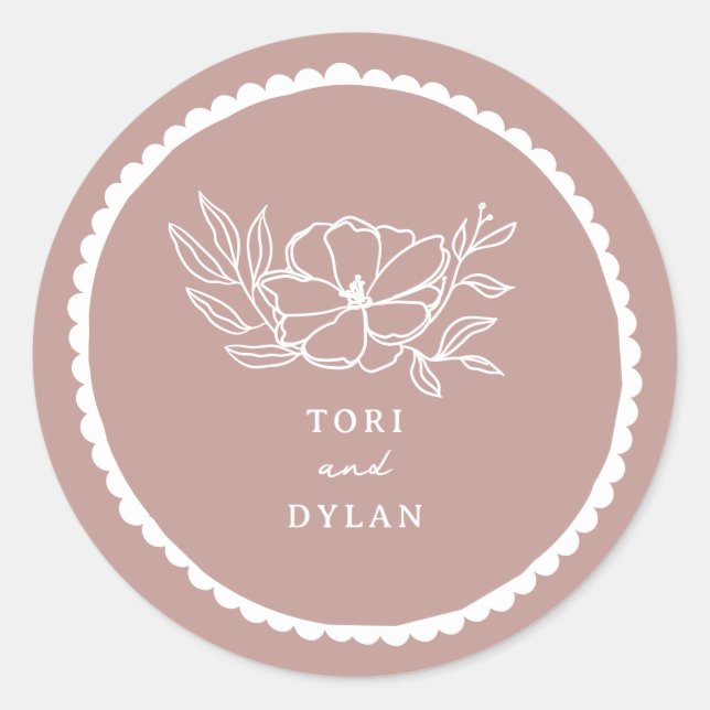 Floral Pink Scalloped Wedding Classic Round Sticker (Front)