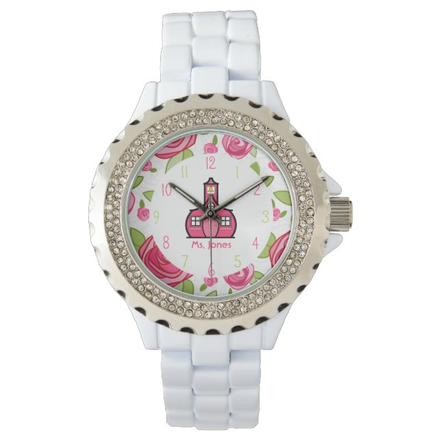 Floral & Pink Schoolhouse Teacher Watch (Front)