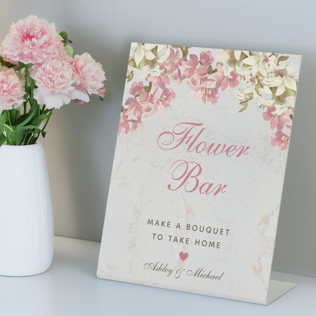 Floral Pink Script Orchids Marble Flower Bar  Pedestal Sign (Creator Uploaded)