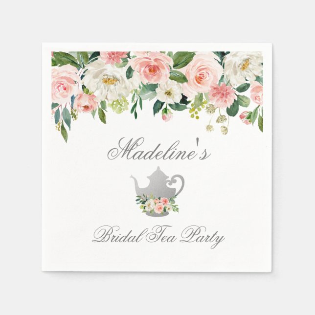 Floral Pink Silver Bridal Shower Tea Party Napkin (Front)