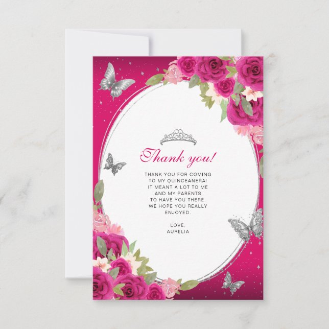 Floral Pink Silver Butterfly Quinceañera Photo Thank You Card (Front)