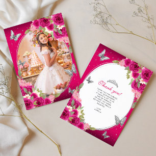 Floral Pink Silver Butterfly Quinceañera Photo Thank You Card