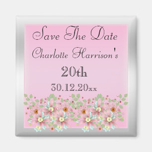 Floral Pink & Silver Save The Date 20th Magnet