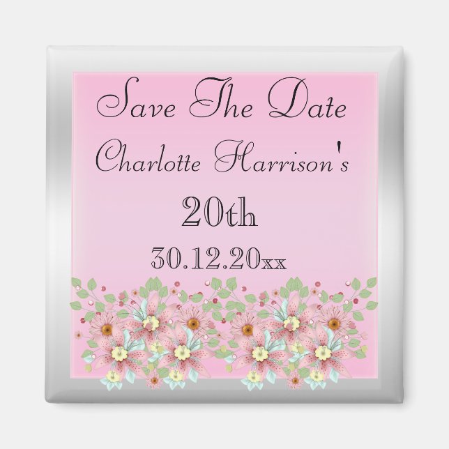 Floral Pink & Silver Save The Date 20th Magnet (Front)
