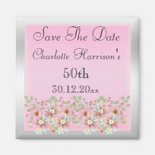 Floral Pink & Silver Save The Date 50th Magnet