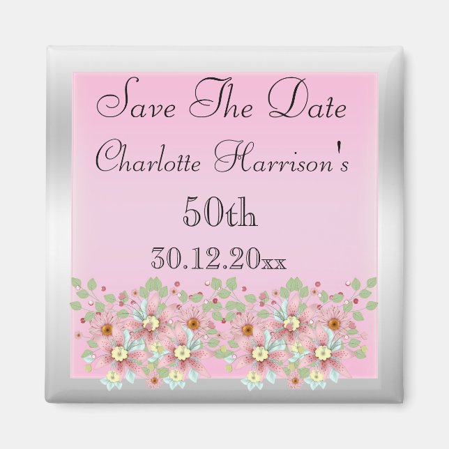 Floral Pink & Silver Save The Date 50th Magnet (Front)