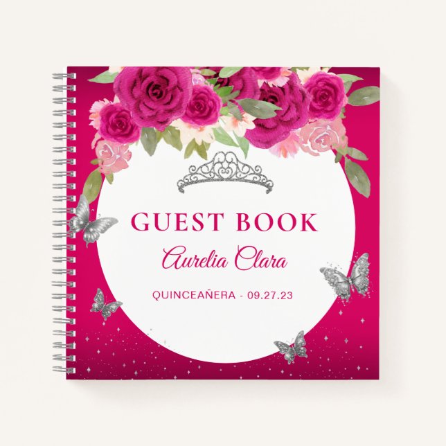 Floral Pink Silver Tiara Butterfly  Guest Book (Front)