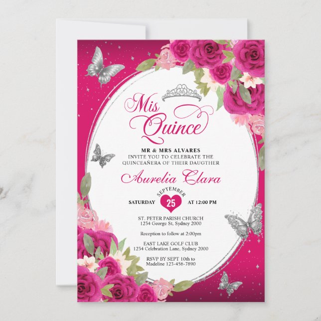 Floral Pink Silver Tiara Butterfly Mis Quinceañera Invitation (Front)