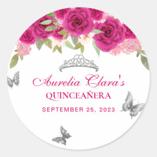Floral Pink Silver Tiara Butterfly Quinceañera Classic Round Sticker